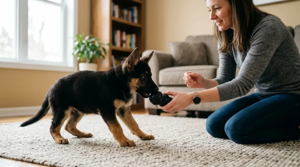 Handler redirecting an 8-week-old German Shepherd puppy from biting skin to a durable rubber chew toy