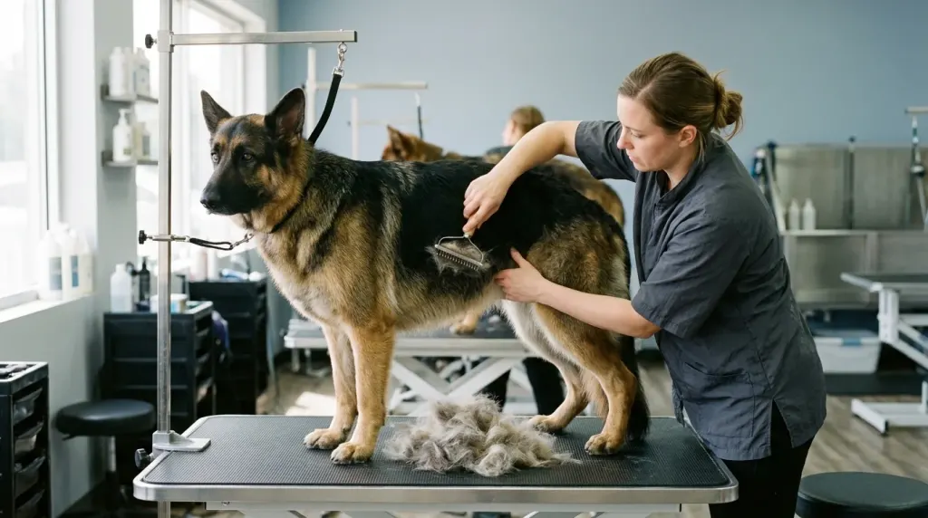 Professional pet groomer using an undercoat rake to remove dead undercoat fur and eliminate odor from a German Shepherd