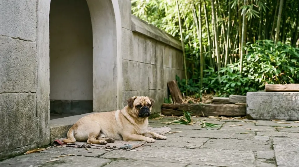 Ancient short-coated Asian lapdog resting in a traditional courtyard representing the Lo-sze ancestor.