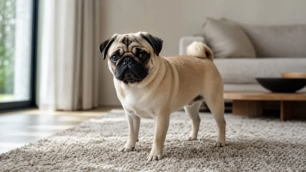 Close-up portrait of a fawn Pug showcasing the characteristic forehead wrinkles and dark facial mask.