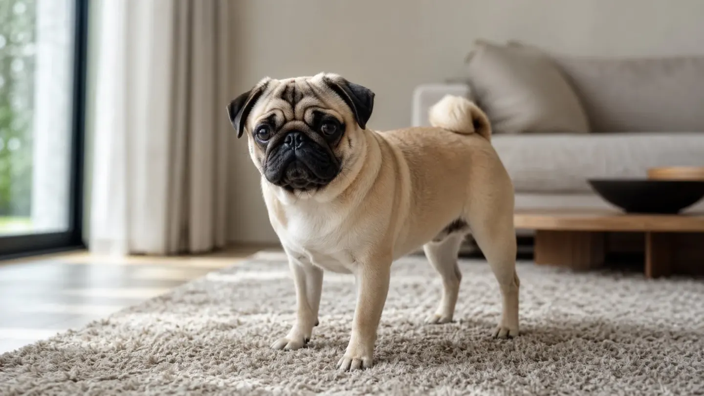 Close-up of a fawn Pug highlighting its distinct facial features.