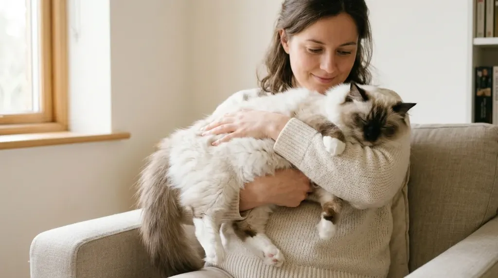 A white domestic longhaired cat resting on a porch in Riverside, California, representing Josephine, the origin cat of the Ragdoll breed.
