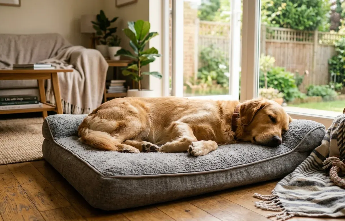 An indoor living environment where a golden retriever lives comfortably on an orthopedic bed in a suburban home.