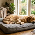 An indoor living environment where a golden retriever lives comfortably on an orthopedic bed in a suburban home.