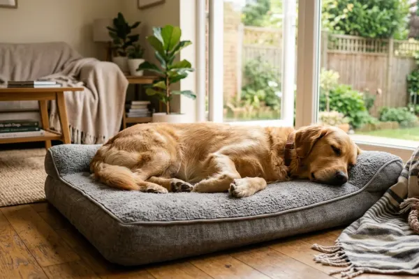 An indoor living environment where a golden retriever lives comfortably on an orthopedic bed in a suburban home.