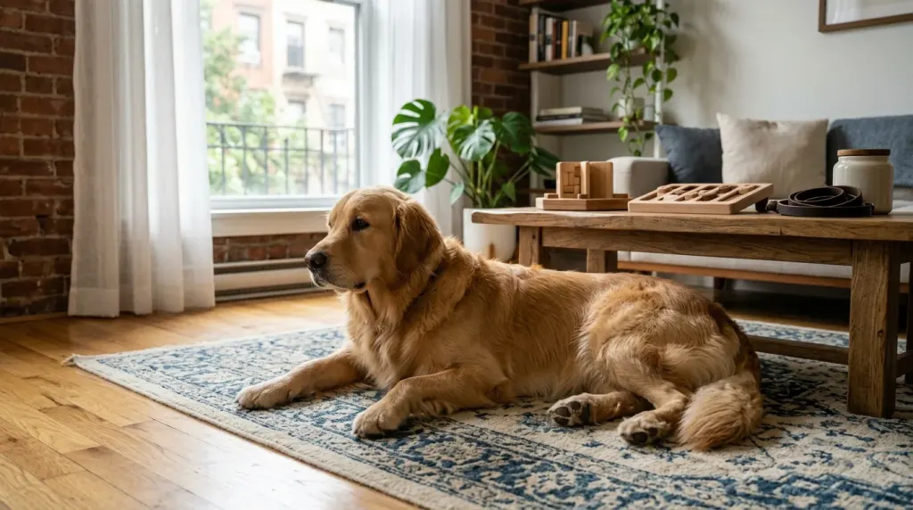 A domestic home setting showing how an adult golden retriever can live comfortably in an urban apartment.