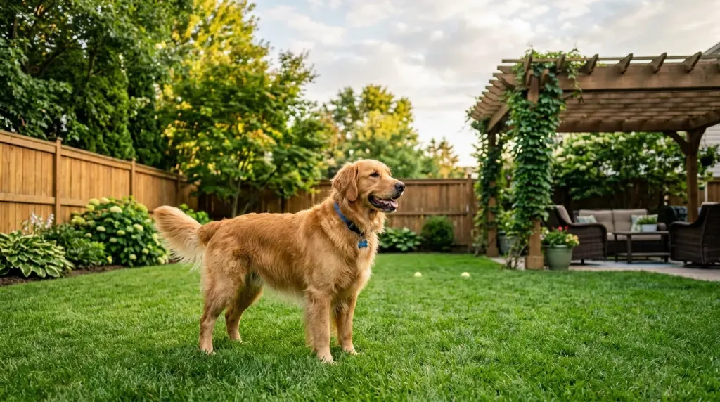 A secure residential home yard setup showing safe outdoor fencing where a golden retriever can live and play.