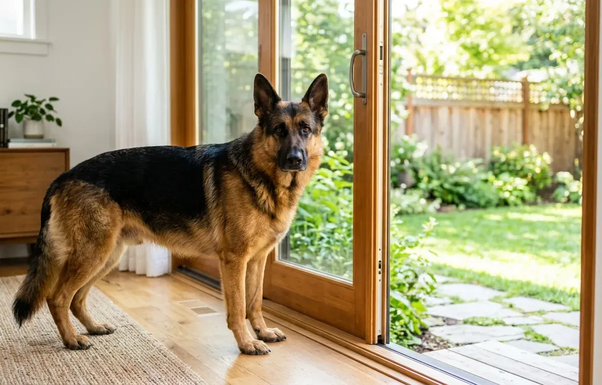 Adult German Shepherd standing indoors near an open doorway overlooking a fenced backyard