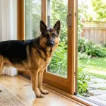 Adult German Shepherd standing indoors near an open doorway overlooking a fenced backyard