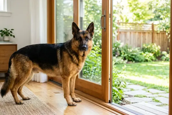 Adult German Shepherd standing indoors near an open doorway overlooking a fenced backyard