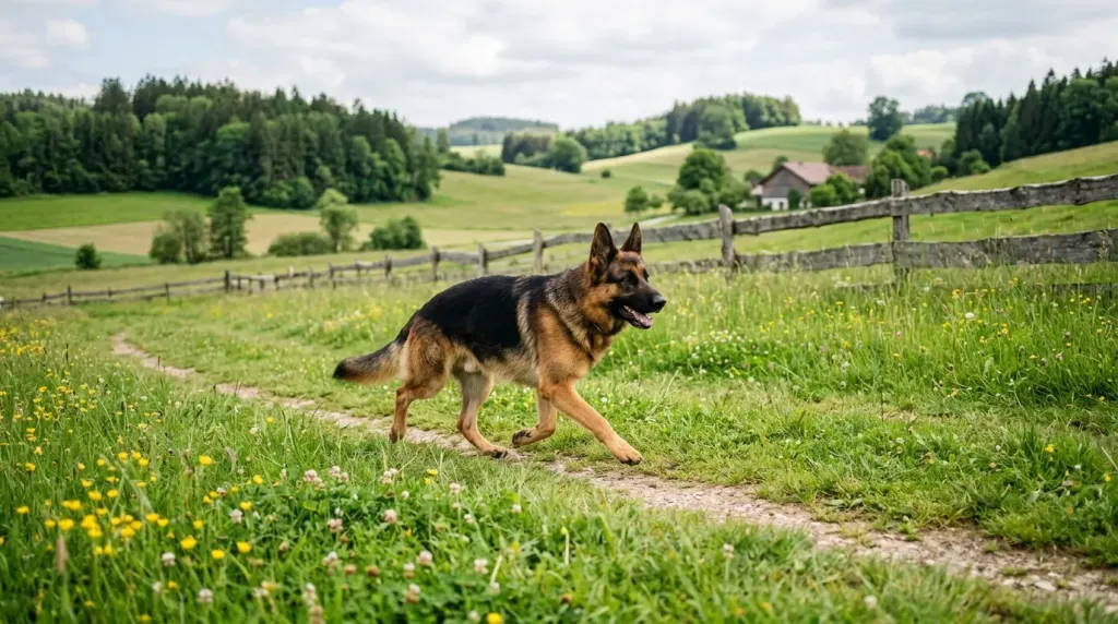 German Shepherd in a grassy rural pasture in Germany