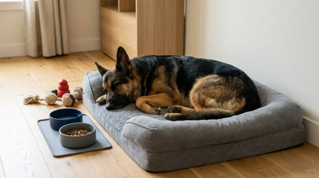 German Shepherd resting on an indoor dog bed inside an apartment living room