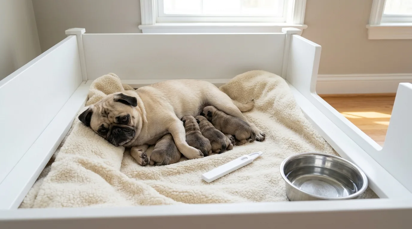 A Pug mother and her puppies resting in a clean, indoor whelping environment.