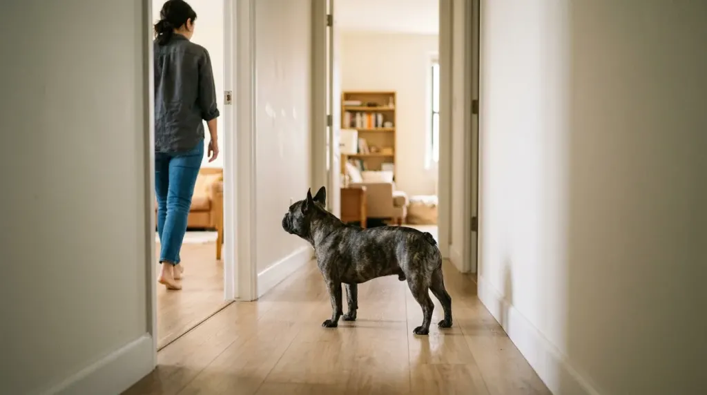 A French Bulldog following its owner closely through a home hallway.
