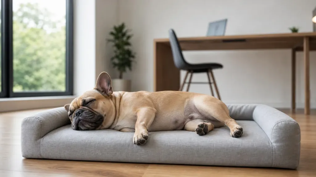 A French Bulldog relaxing quietly on its own bed near a desk during independence management training.