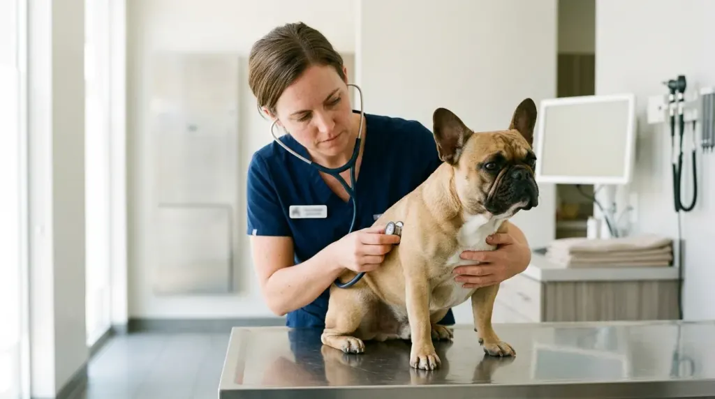 A veterinarian examining a French Bulldog's breathing in a modern clinic