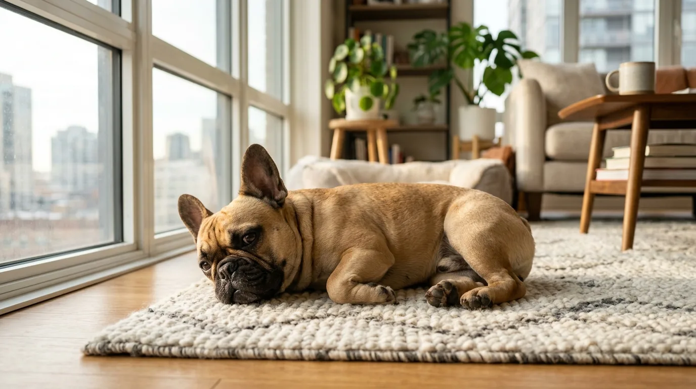 A fawn French Bulldog resting indoors in a modern apartment setting.