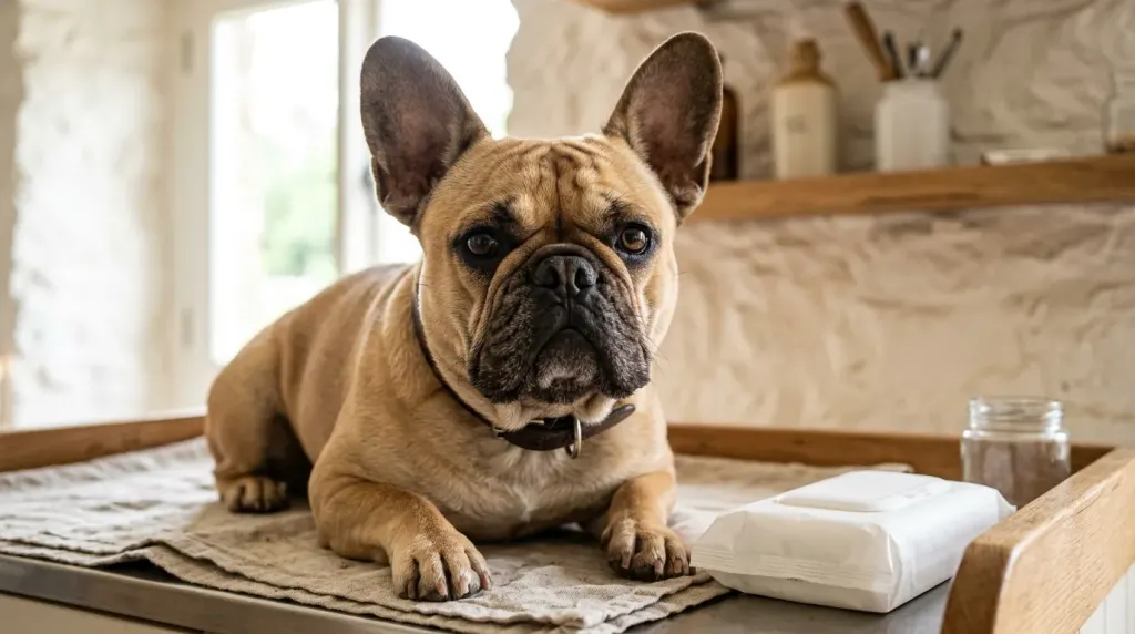 Close-up of a French Bulldog's face highlighting its bat ears and facial folds