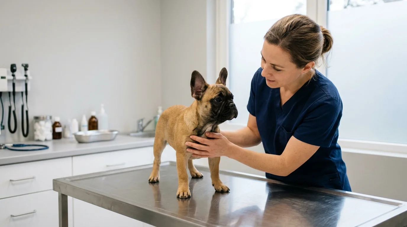 A veterinarian examining a French Bulldog during a routine canine health checkup.