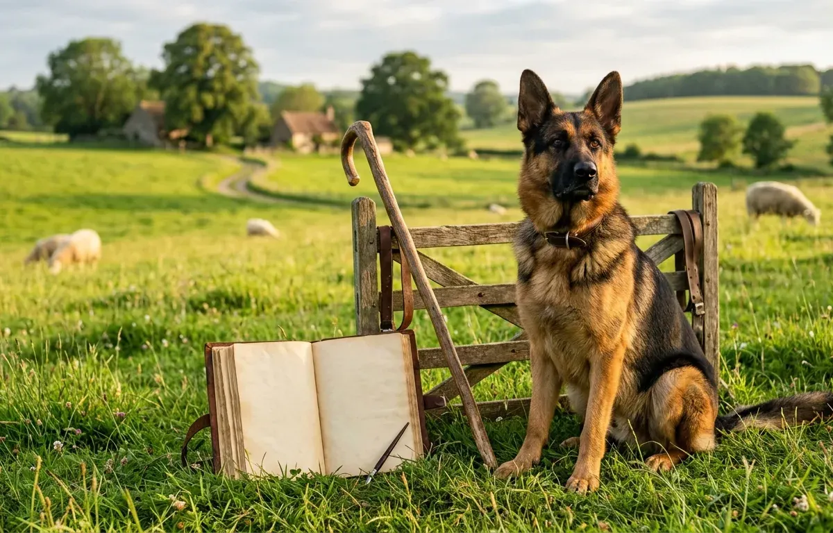 A purebred German Shepherd Dog sitting on a grassy field beside historical pastoral equipment illustrating the origin of the German Shepherd breed name.