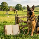 A purebred German Shepherd Dog sitting on a grassy field beside historical pastoral equipment illustrating the origin of the German Shepherd breed name.