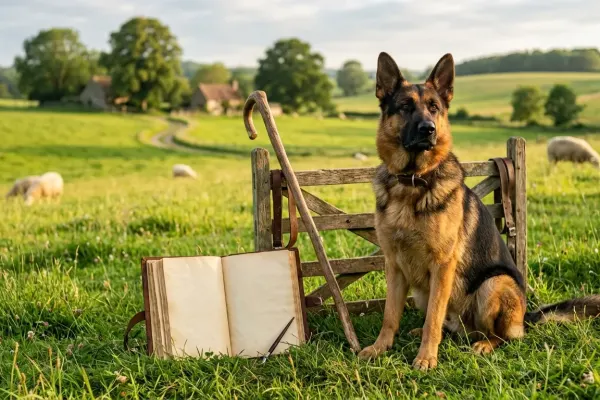 A purebred German Shepherd Dog sitting on a grassy field beside historical pastoral equipment illustrating the origin of the German Shepherd breed name.