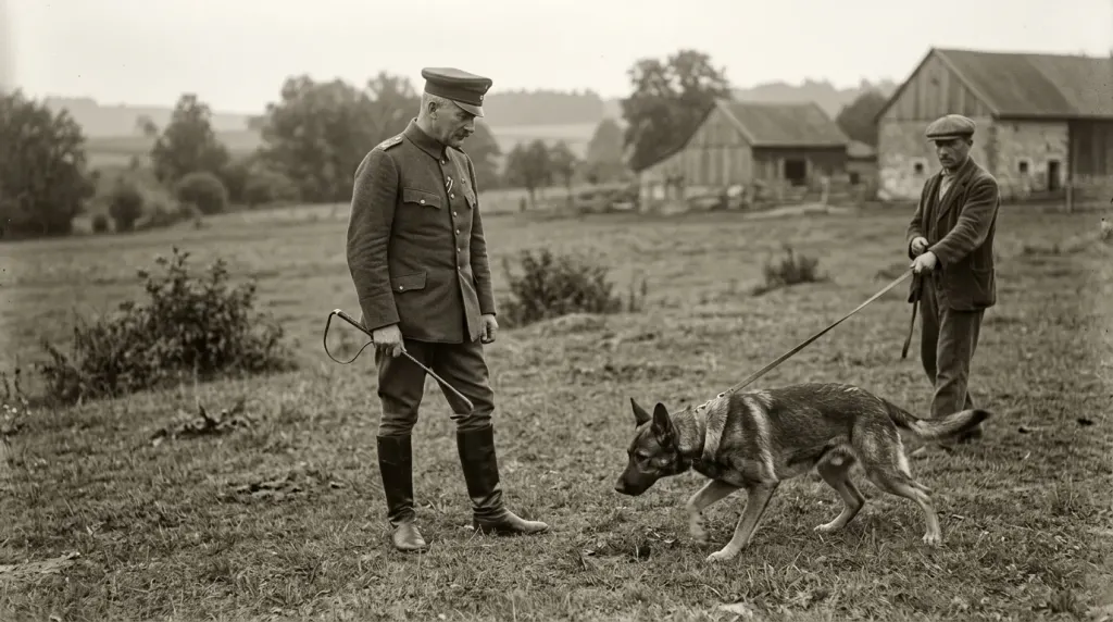 Captain Max von Stephanitz observing an early working German Shepherd Dog to establish the official German Shepherd breed name and standard in 1899.