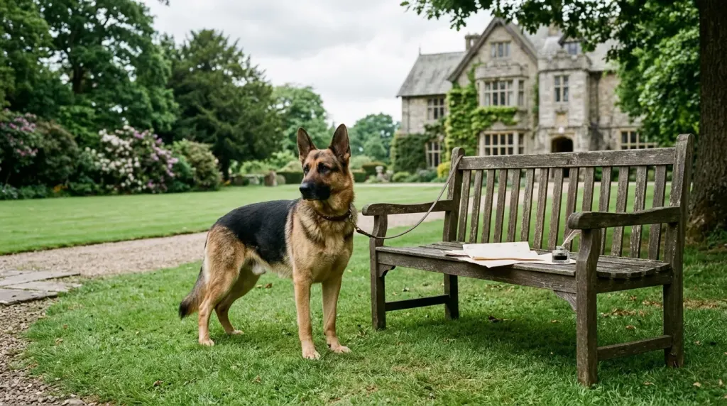 A German Shepherd Dog standing near 1920s British kennel registry documents illustrating the wartime Alsatian name change.