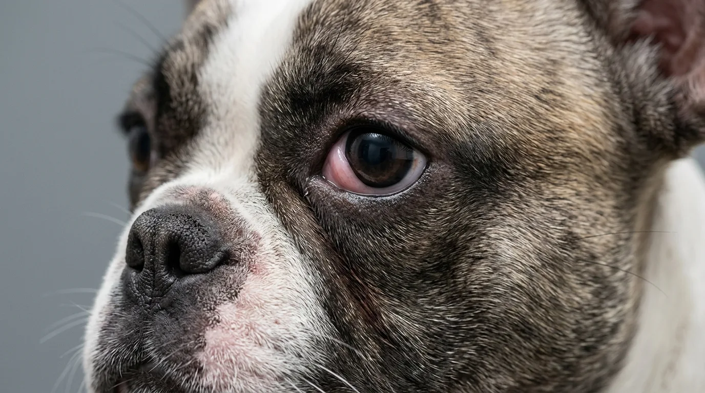 Detailed anatomical photo showing the inner eyelid corner of a dog where cherry eye gland prolapse occurs.