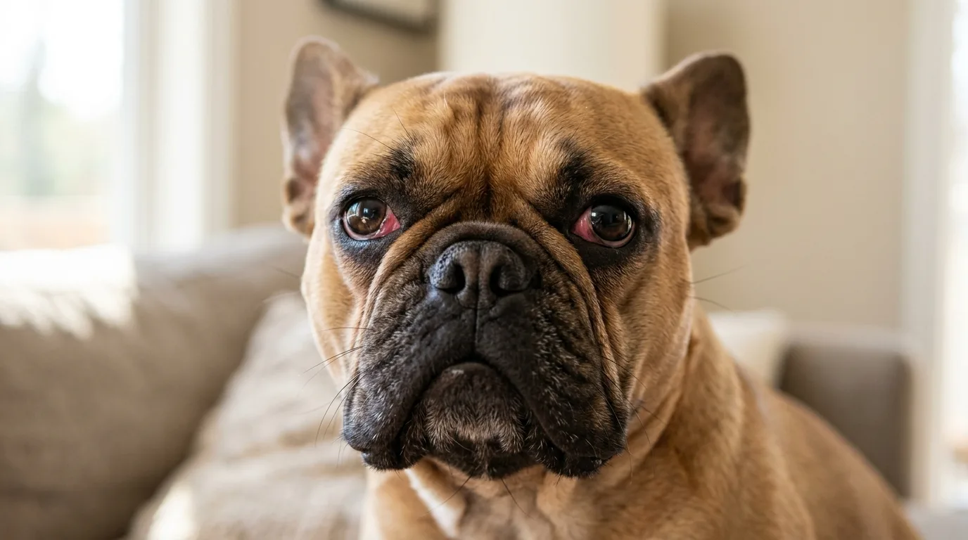 Close-up of a French Bulldog with surface irritation next to a bottle of sterile saline.