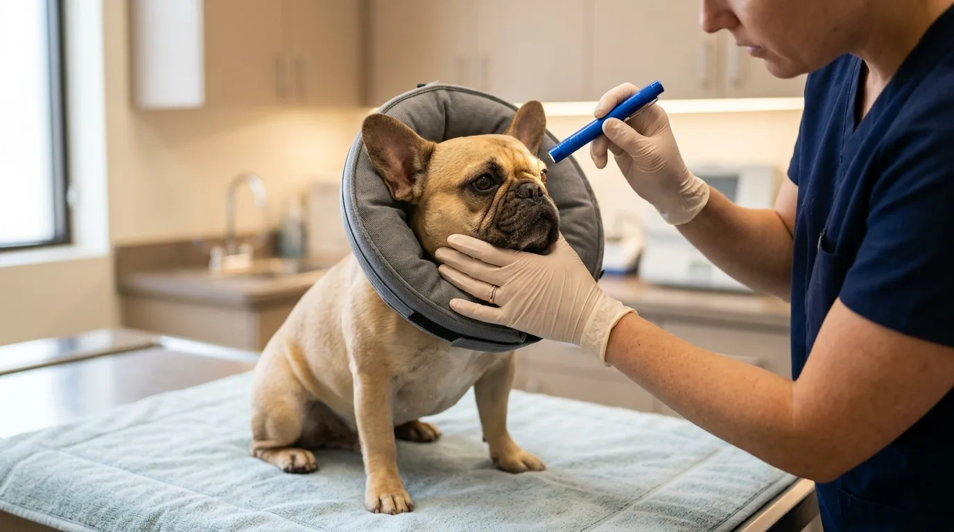Veterinarian examining a French Bulldog's eyes with a diagnostic light during a veterinary consultation.