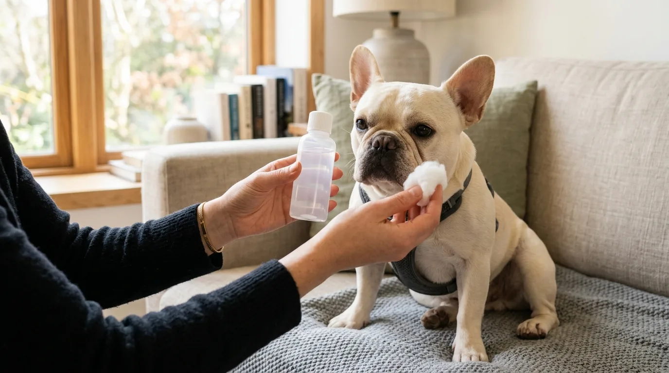 A French Bulldog wearing a cone collar indoors to protect its facial area.