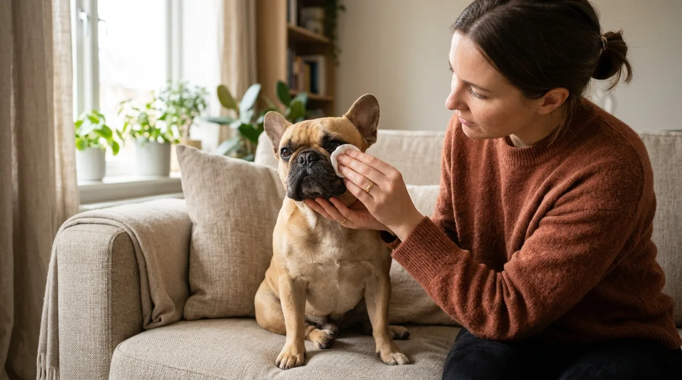 Owner gently cleaning the facial area of a French Bulldog with a cotton pad during home routine care.
