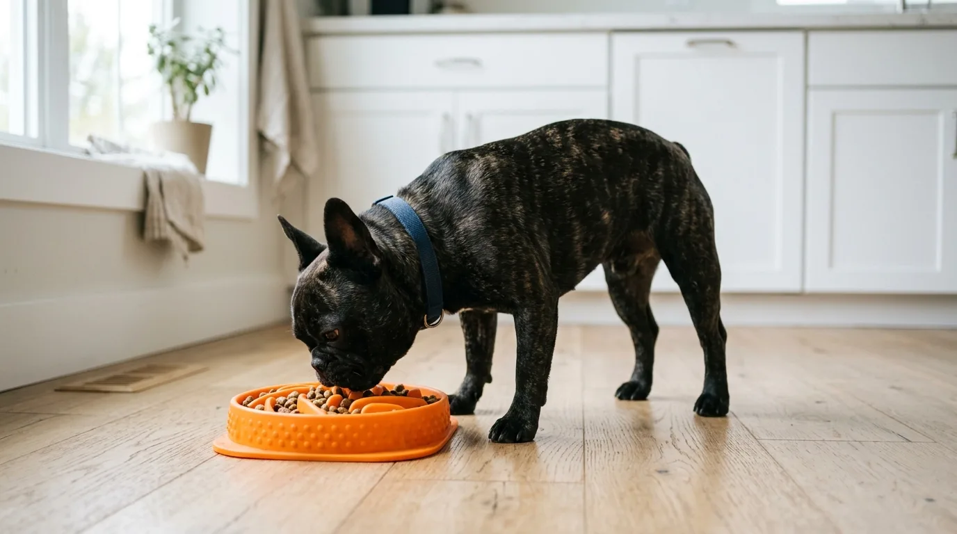 French Bulldog eating from a slow-feeder bowl on a wooden kitchen floor to prevent gulping air