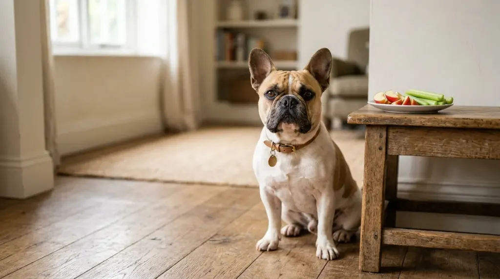 A French Bulldog at the vet clinic for a digestive checkup due to excessive flatulence.