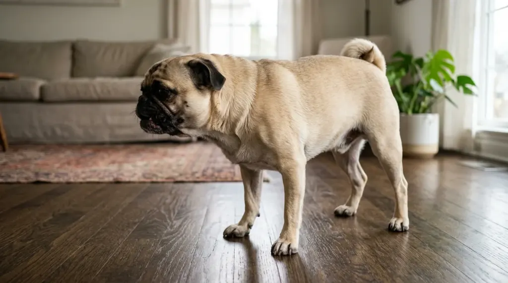 Fawn pug demonstrating extended neck posture during a reverse sneezing snort episode.