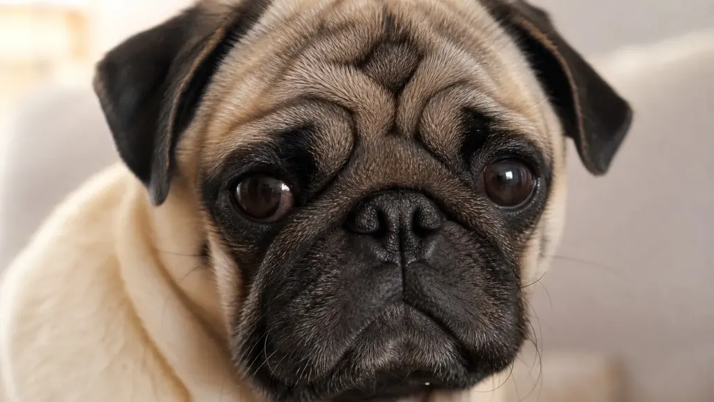 Close-up view of a pug's facial features showing narrow nostrils causing snorting.