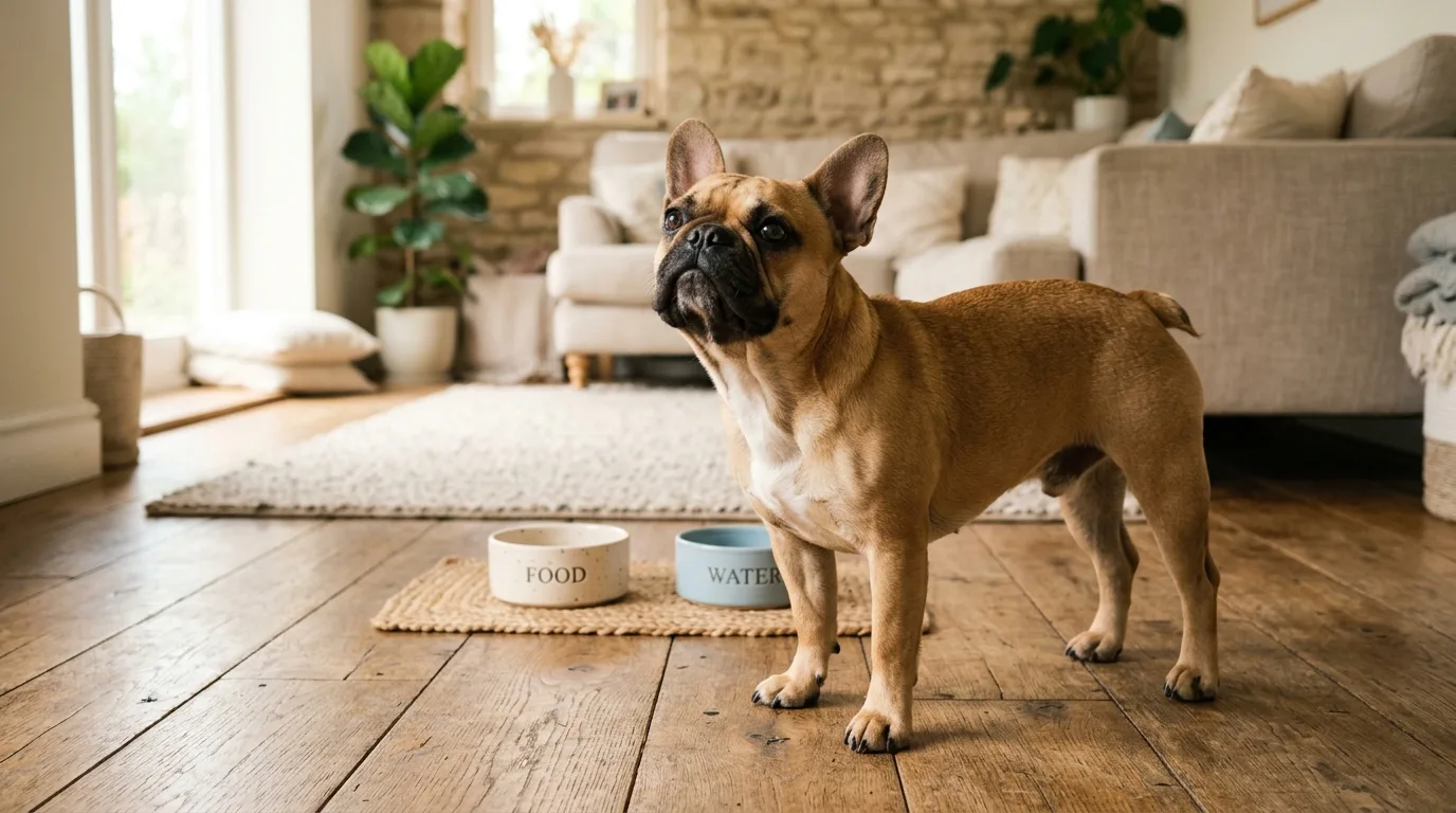 French Bulldog waiting near elevated food bowls for a small late-night meal to manage bilious vomiting.