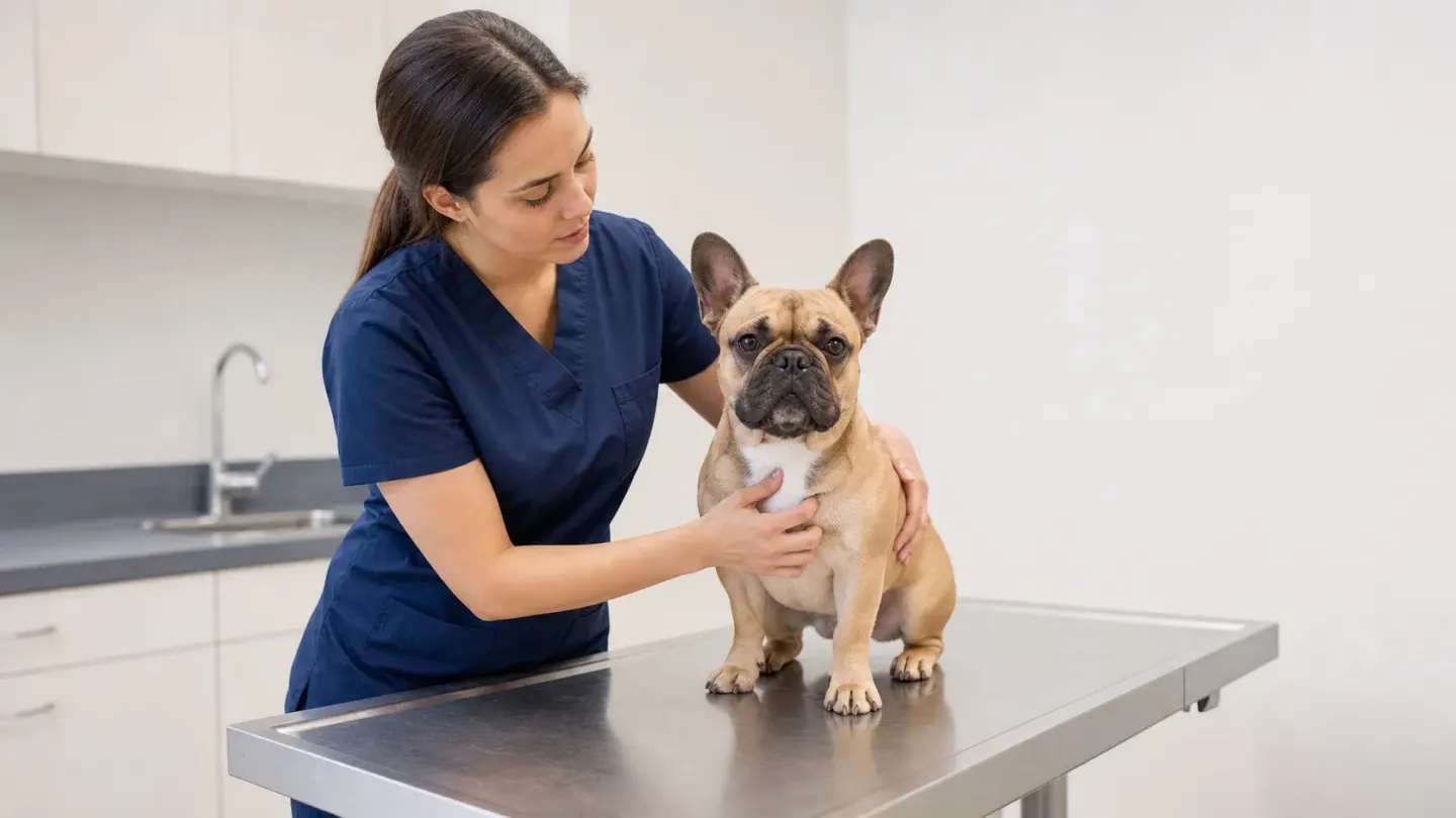 Veterinarian inspecting a French Bulldog for esophageal regurgitation and breathing health.