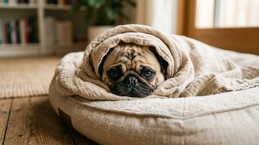 Fawn pug burrows and digs under a lightweight breathable blanket safely