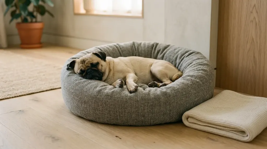 Pug resting peacefully after it digs in a cave style nesting bed