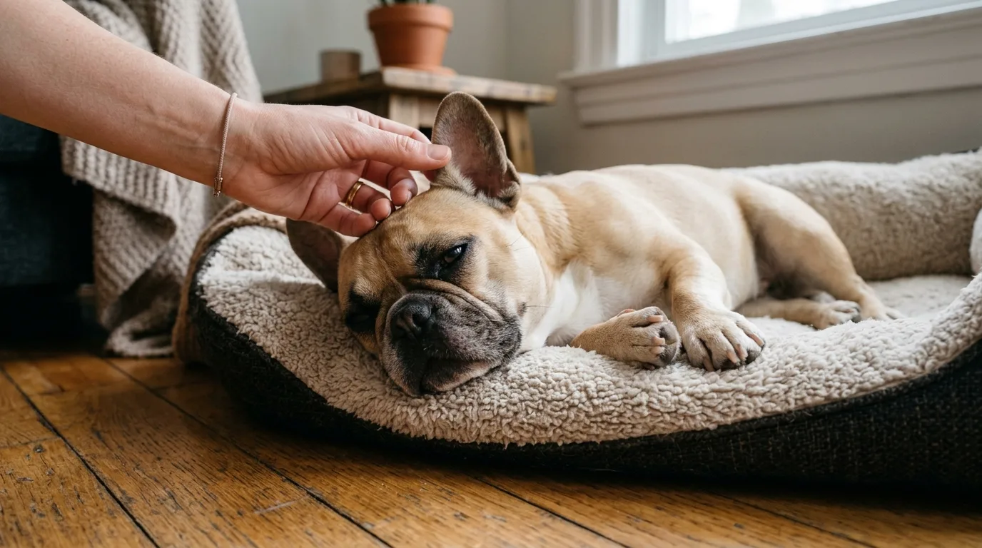 An owner gently comforting a French Bulldog to assess shivering from cold or excitement.