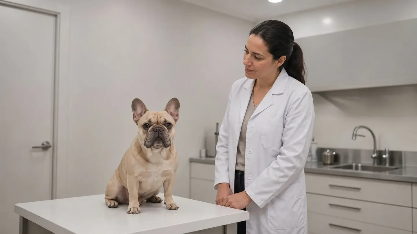 A French Bulldog being evaluated by a veterinarian during a medical checkup for body tremors.