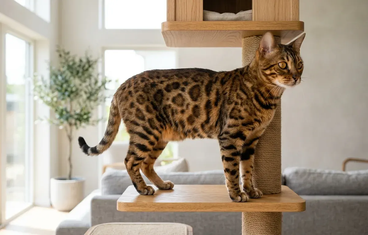 Brown spotted Bengal cat standing alert on a wooden climbing tree in a sunlit living room.