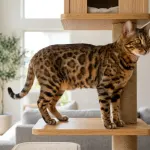 Brown spotted Bengal cat standing alert on a wooden climbing tree in a sunlit living room.