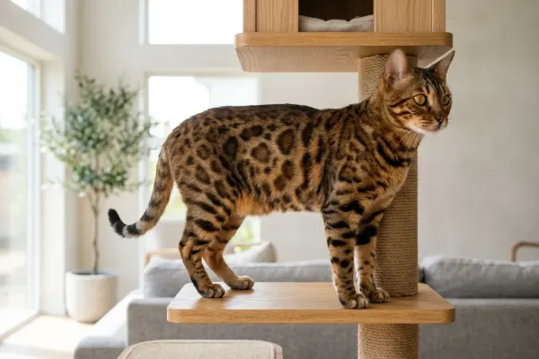 Brown spotted Bengal cat standing alert on a wooden climbing tree in a sunlit living room.