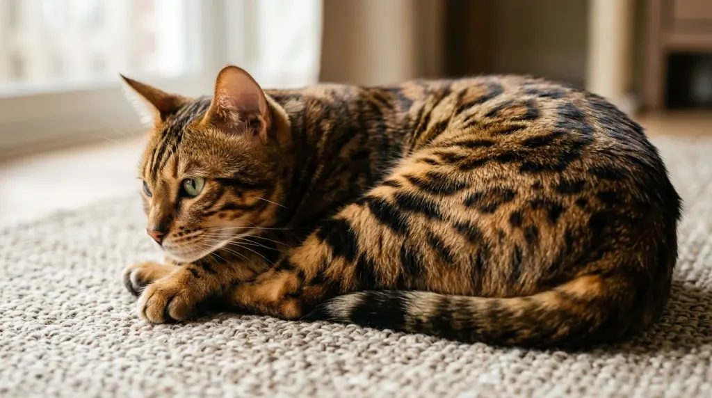 Close-up view of a Bengal cat coat displaying distinctive rosettes and glossy fur pattern.
