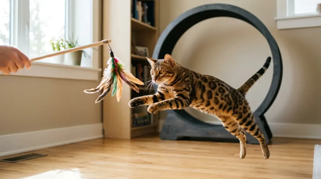 Active Bengal cat playing with an interactive wand toy in a home enrichment area.
