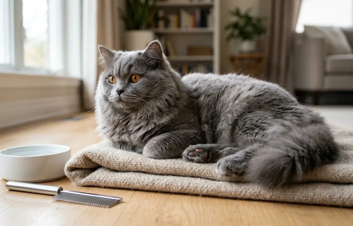 A blue British Longhair cat with a plush semi-long coat and copper eyes resting indoors beside grooming tools.