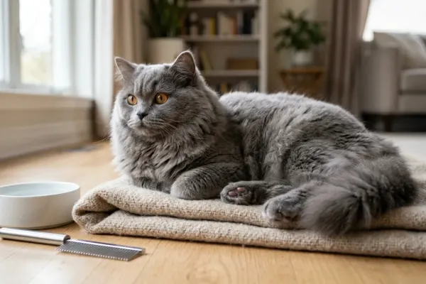 A blue British Longhair cat with a plush semi-long coat and copper eyes resting indoors beside grooming tools.